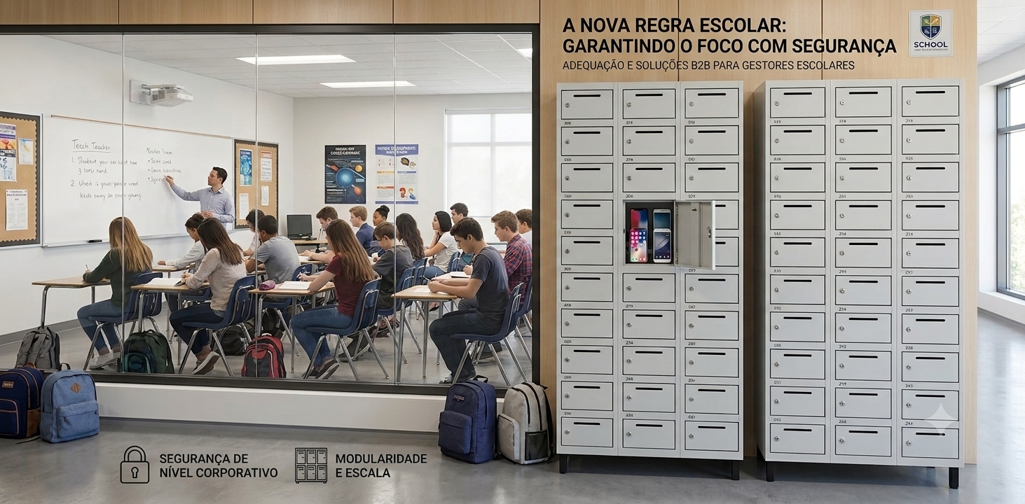 "Fotografia de ângulo médio em uma escola moderna, mostrando dois armários modulares de metal cinza-claro (como os de image_0.png) para guarda de celulares. Um compartimento central está aberto, revelando smartphones empilhados com segurança. Uma placa acima diz: 'ARMÁRIOS DE SEGURANÇA PARA CELULARES - USO OBRIGATÓRIO'. Através de uma grande parede de vidro à esquerda, vê-se uma sala de aula focada, com alunos e professor sem celulares. O ambiente é organizado e seguro, com piso de concreto e paredes de madeira claros. A imagem transmite foco, segurança e conformidade legal."